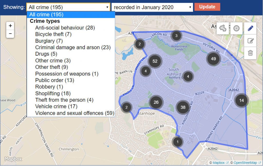 Crime Map for South Ashford for January 2020